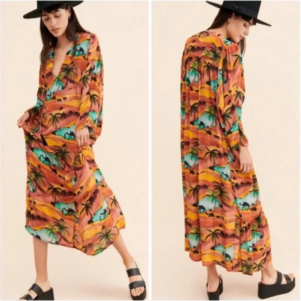 Chufy Oasis Desert Camel Patterned Long Sleeve Midi Dress Small